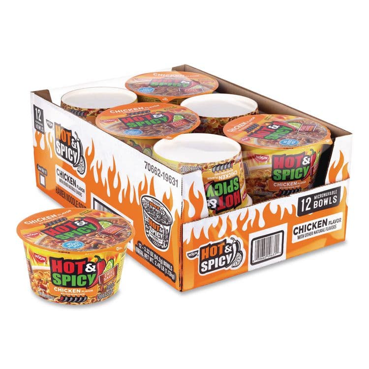 NISSIN FOODS Hot and Spicy Chicken Soup Bowl, Chicken, 3.32 oz Bowl, 12/Carton (GRR22002656)