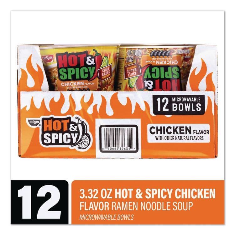NISSIN FOODS Hot and Spicy Chicken Soup Bowl, Chicken, 3.32 oz Bowl, 12/Carton (GRR22002656) thumbnail 2