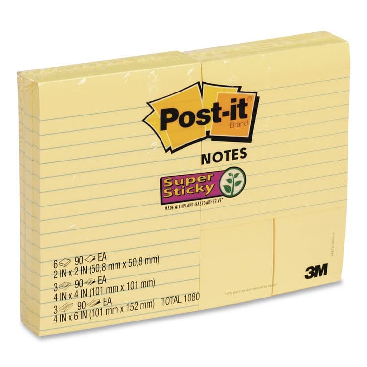 3M/COMMERCIAL TAPE DIV. Canary Yellow Pads Combo Pack, (6) Unruled 1.88 x 1.88, (3) Note Ruled 4 x 4, (3) Note Ruled 4 x 6, 90 Sheets/Pad, 12 Pads/PK (MMM2937240)