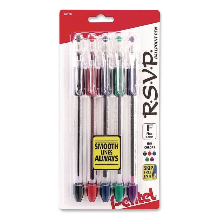 PENTEL OF AMERICA R.S.V.P. Ballpoint Pen, Stick, Fine, 0.7 mm, Assorted Ink and Barrel Colors, 5/Pack (PENBK90BP5M)