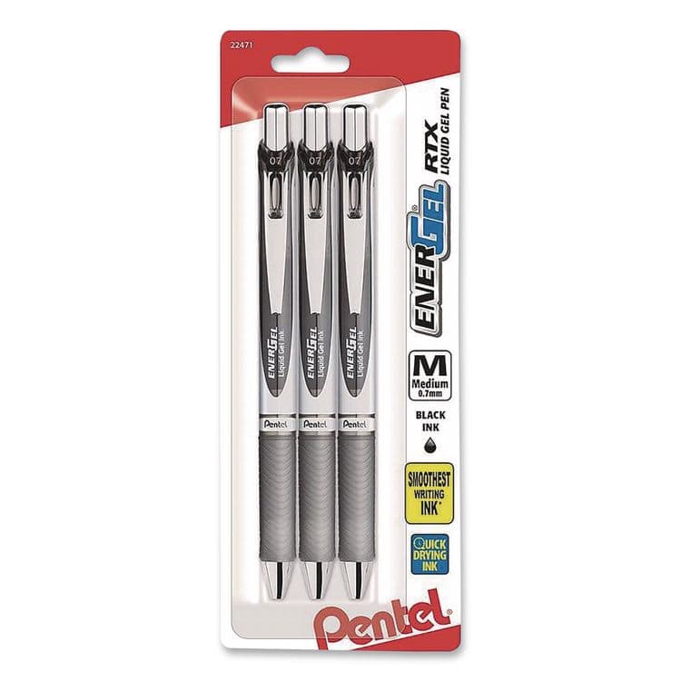 PENTEL OF AMERICA EnerGel RTX Liquid Gel Pen, Retractable. Medium 0.7 mm, Black Ink, Black/Gray Barrel, 3/Pack (PENBL77BP3A)