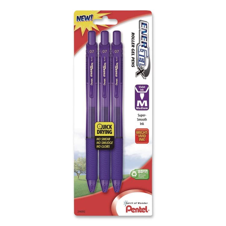 PENTEL OF AMERICA EnerGel-X Gel Pen, Retractable, Medium 0.7 mm, Violet Ink, Translucent Violet/Violet Barrel, 3/Pack (PENBL107BP3V)