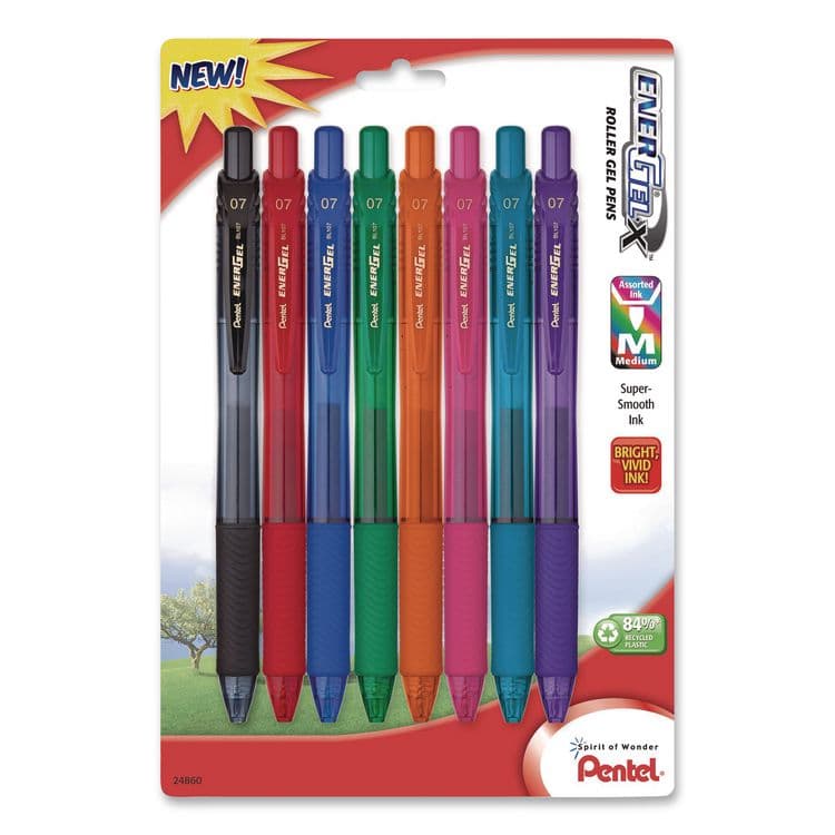PENTEL OF AMERICA EnerGel X Gel Pen, Retractable, Medium 0.7 mm, Assorted Ink and Barrel Colors, 8/Pack (PENBL107CRBP8M)