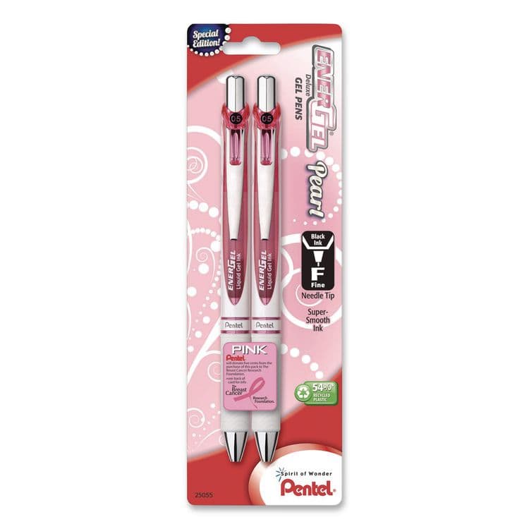 PENTEL OF AMERICA EnerGel Pearl Deluxe Pink Special Edition Liquid Gel Pen, Retractable, Fine 0.5mm, Black Ink, White Pearl/Pink Barrel, 2/Pack (PENBLN75WBP2PA)