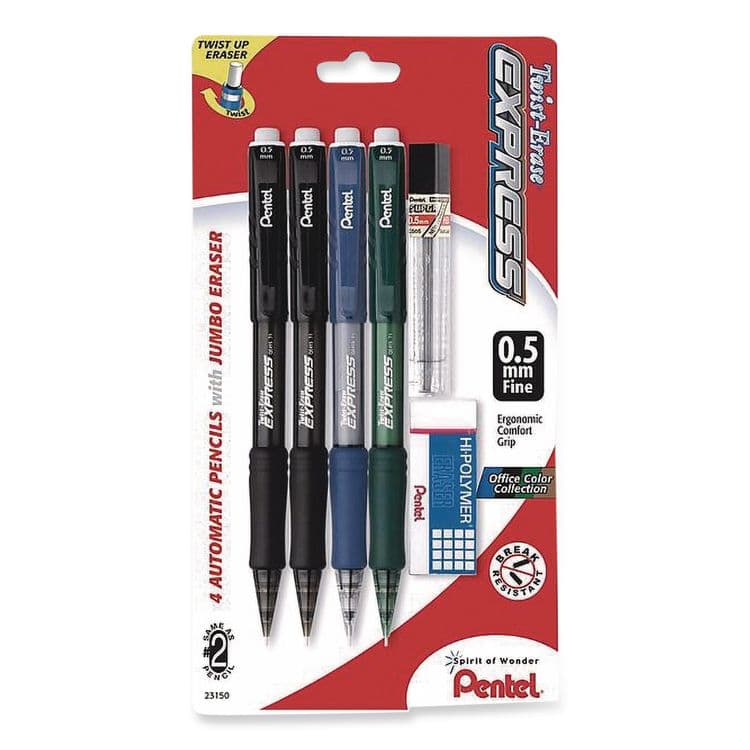 PENTEL OF AMERICA Twist-Erase EXPRESS Mechanical Pencil, 0.5 mm, #2, Black Lead, Assorted Color Barrels, 4/Pack (PENQE415LZBP4)