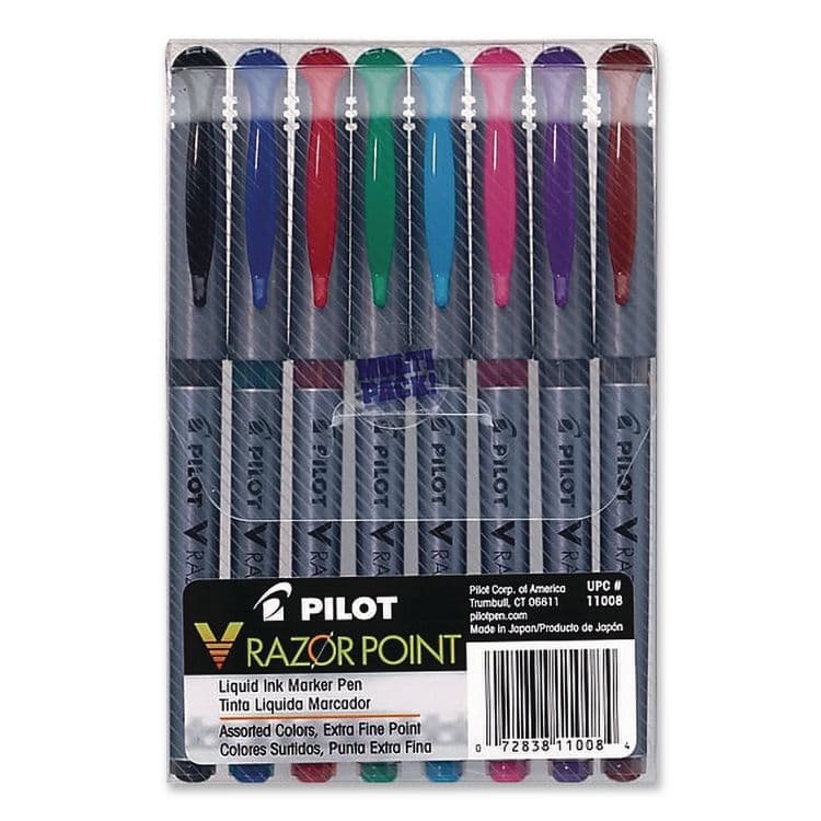 PILOT CORP. OF AMERICA V Razor Point Liquid Ink Porous Point Pen, Stick, Extra-Fine 0.5 mm, Assorted Ink and Barrel Colors, 8/Pack (PIL11008)