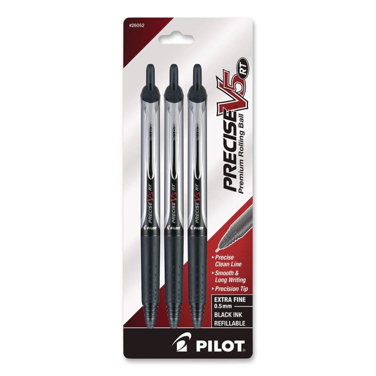 PILOT CORP. OF AMERICA Precise V5RT Roller Ball Pen, Retractable, Extra-Fine 0.5 mm, Black Ink, Black/Silver Barrel, 3/Pack (PIL26052)