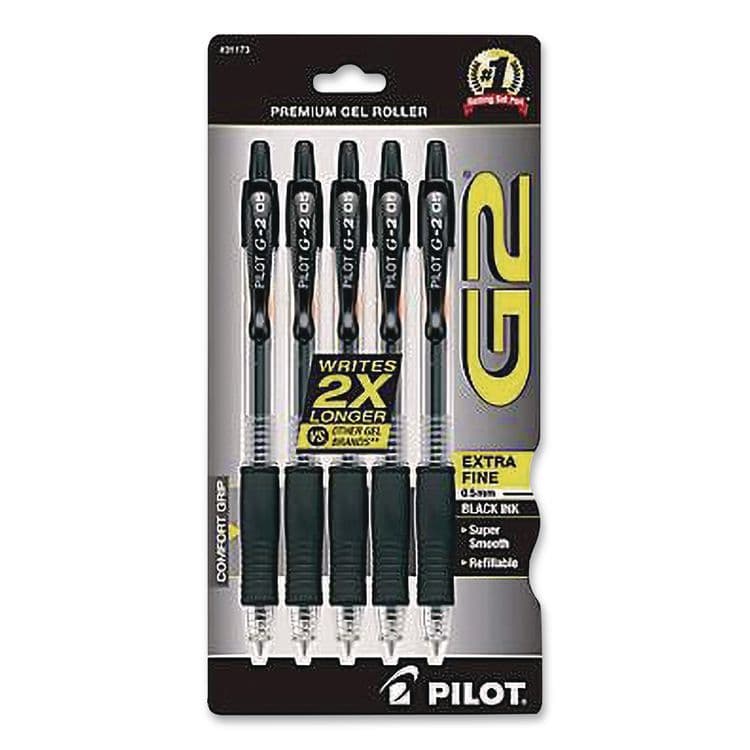 PILOT CORP. OF AMERICA G2 Premium Gel Pen, Retractable, Extra-Fine 0.5 mm, Black Ink, Clear/Black Barrel, 5/Pack (PIL31173)