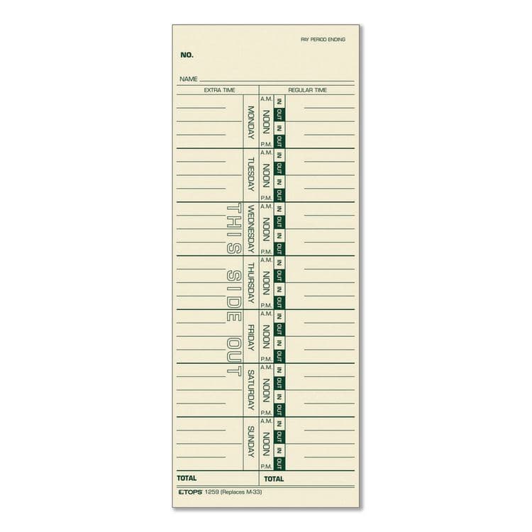 TOPS BUSINESS FORMS Time Clock Cards, Replacement for 10-800292/K14-15/M-33, One Side, 3.5 x 9, 100/Pack (TOP12533)