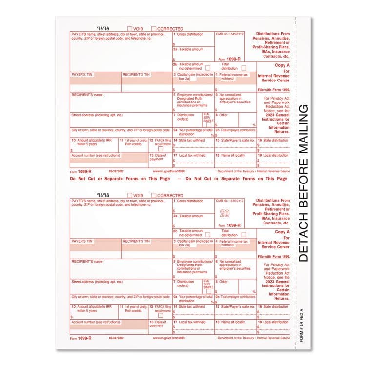CARDINAL BRANDS . 2023 1099-R Tax Form, 1 Part, Federal Copy, 2 Forms/Sheet, 50 Forms Total (TOP920103)