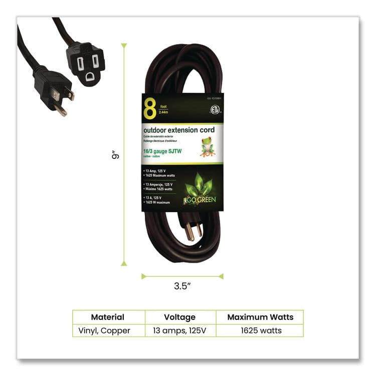 GOGREEN POWER 16 AWG Outdoor Extension Cord, 8 ft, 13 A, Black (GGPGG13708BK) thumbnail 4