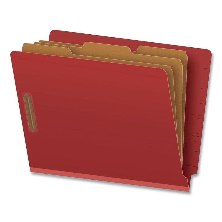 TOPS BUSINESS FORMS Pressboard End Tab Classification Folders, Straight Tab, Expands 3.5", 3 Dividers, 8 Fasteners, Letter Size, Red, 50/Box (PFX23865GW)