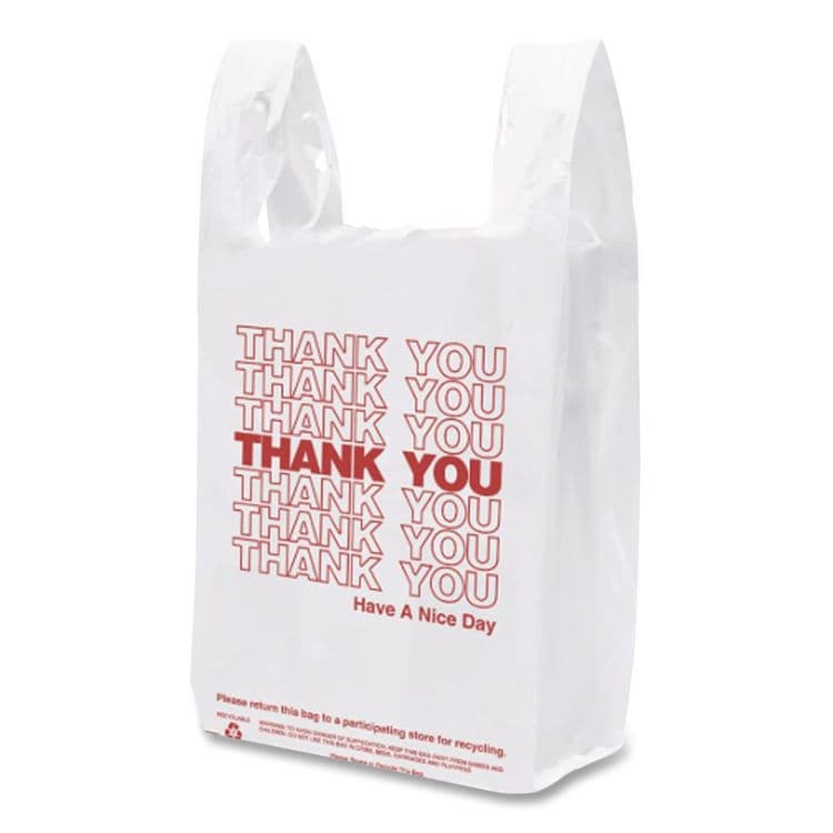 BROWN PAPER GOODS Plastic Thank-You T-Sack, Thank You - Have a Nice Day Labeling, Cut-Out Handles, 4" x 6" x 15", White/Red, 2,000/Carton (BPC6415THYOU) thumbnail 4