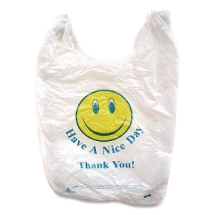 BROWN PAPER GOODS Smiley Face Shopping Bags, Thank You - Have a Nice Day Labeling, Cut-Out Handles, 11.5" x 6.5" x 21", White/Red, 900/Carton (BPCT16SMILEY) thumbnail 4