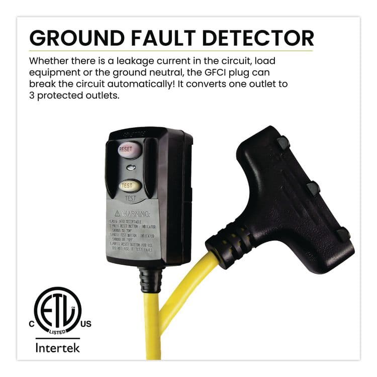 GOGREEN POWER Portable Tri-Tap with GFCI, 3 Outlets, 2 ft Cord, Yellow (GGPGG12402) thumbnail 3