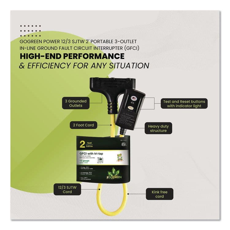 GOGREEN POWER Portable Tri-Tap with GFCI, 3 Outlets, 2 ft Cord, Yellow (GGPGG12402) thumbnail 4