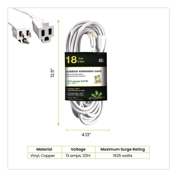 GOGREEN POWER 16 AWG Outdoor Extension Cord, 18 ft, 13 A, White (GGPGG13718WH) thumbnail 2