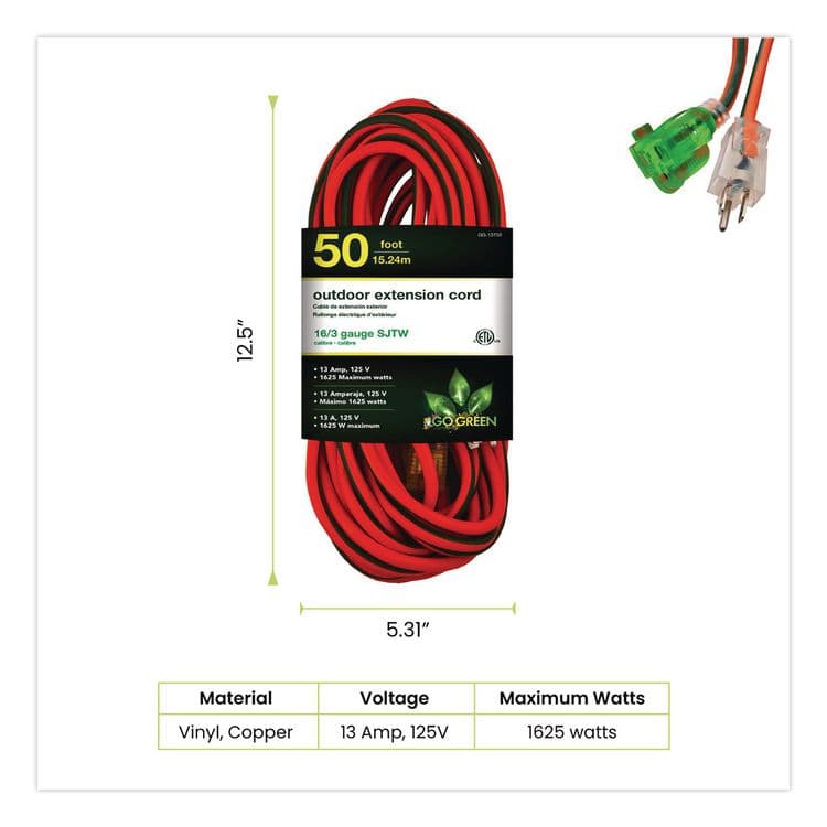 GOGREEN POWER 16 AWG Outdoor Extension Cord, 50 ft, 13 A, Orange/Black (GGPGG13750) thumbnail 2