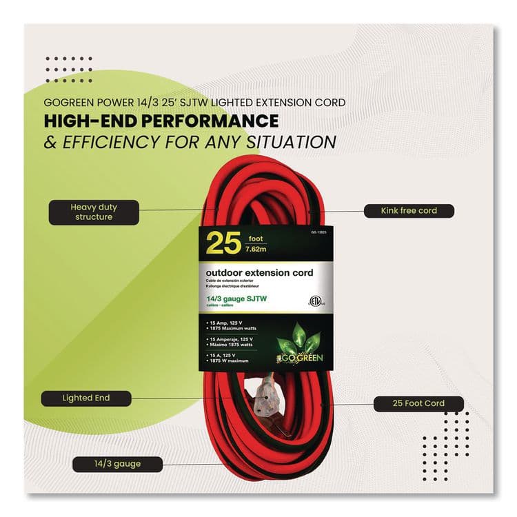 GOGREEN POWER 14 AWG Lighted End Heavy-Duty Extension Cord, 25 ft, 15 A, Orange/Black (GGPGG13825) thumbnail 4