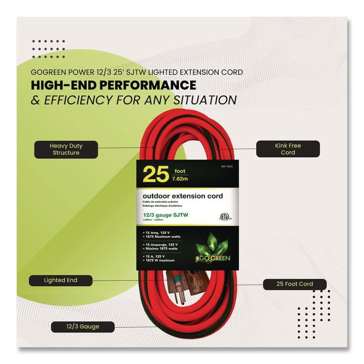 GOGREEN POWER 12 AWG Lighted End Heavy-Duty Extension Cord, 25 ft, 15 A, Orange/Black (GGPGG14025) thumbnail 4
