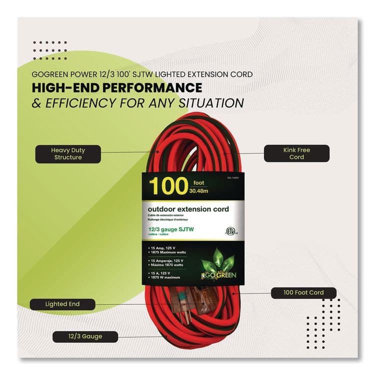 GOGREEN POWER 12 AWG Lighted End Heavy-Duty Extension Cord, 100 ft, 15 A, Orange/Black (GGPGG14000) thumbnail 4