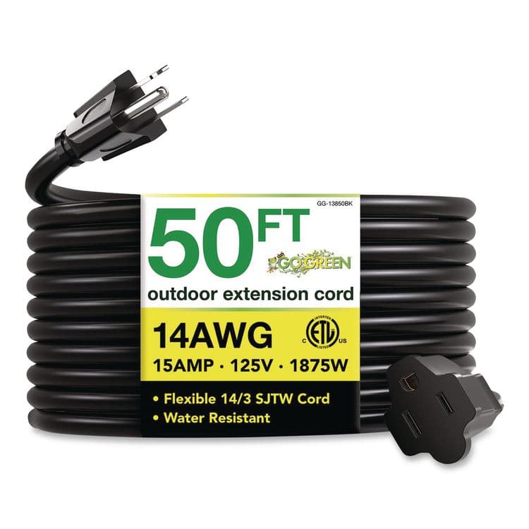 GOGREEN POWER 14 AWG Lighted End Heavy-Duty Extension Cord, 50 ft, 15 A, Black (GGPGG13850BK)