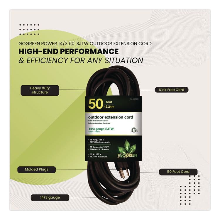 GOGREEN POWER 14 AWG Lighted End Heavy-Duty Extension Cord, 50 ft, 15 A, Black (GGPGG13850BK) thumbnail 4