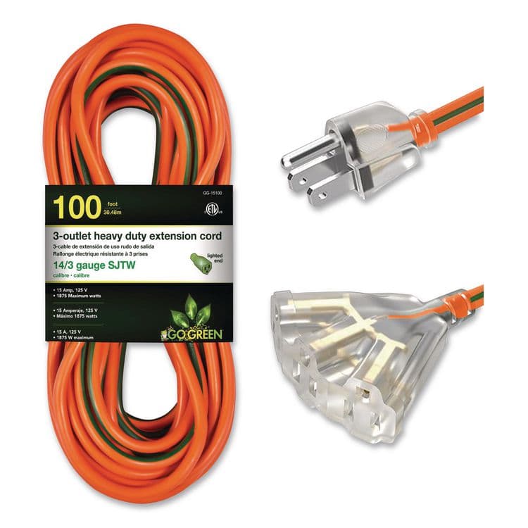 GOGREEN POWER 14 AWG 3-Outlet Heavy-Duty Extension Cord, 100 ft, 13 A, Orange (GGPGG15100)