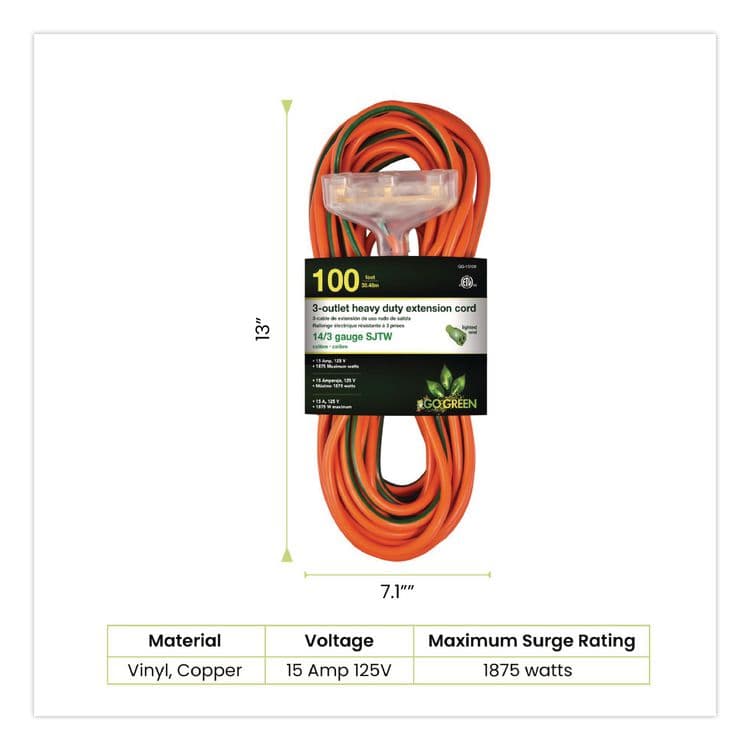 GOGREEN POWER 14 AWG 3-Outlet Heavy-Duty Extension Cord, 100 ft, 13 A, Orange (GGPGG15100) thumbnail 2