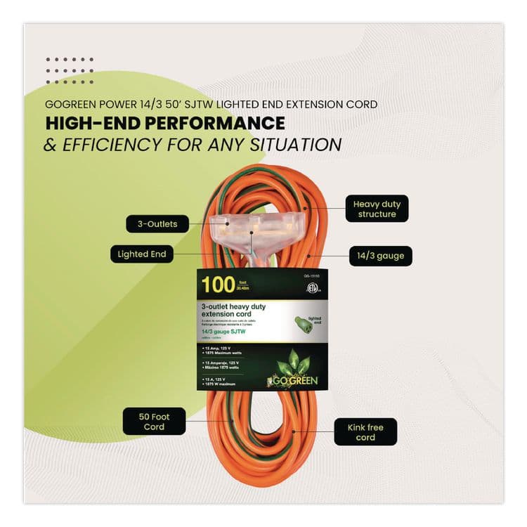 GOGREEN POWER 14 AWG 3-Outlet Heavy-Duty Extension Cord, 100 ft, 13 A, Orange (GGPGG15100) thumbnail 4