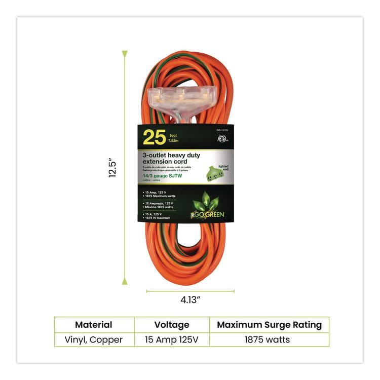 GOGREEN POWER 14 AWG 3-Outlet Heavy Duty Extension Cord, 25 ft, 15 A, Orange (GGPGG15125) thumbnail 2