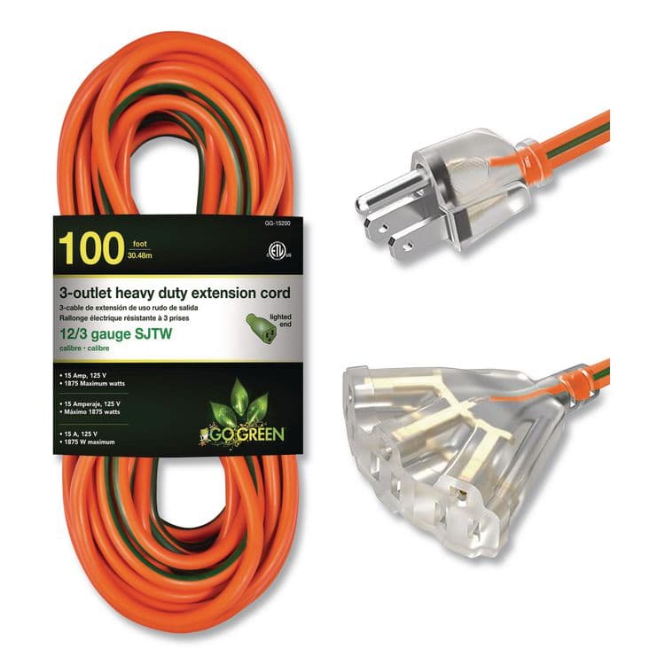 GOGREEN POWER 12 AWG 3-Outlet Heavy-Duty Extension Cord, 100 ft, 15 A, Orange (GGPGG15200)