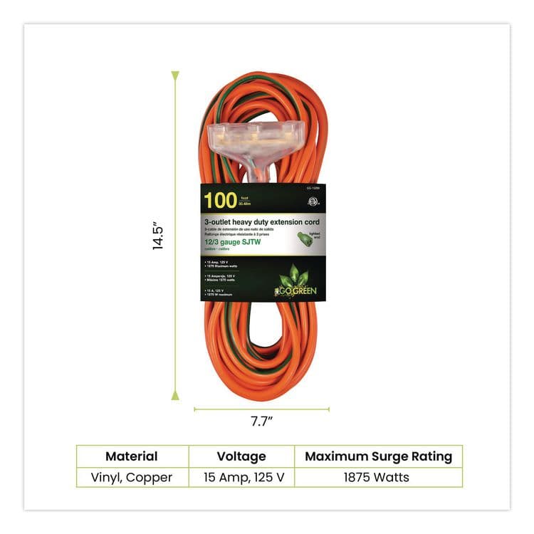 GOGREEN POWER 12 AWG 3-Outlet Heavy-Duty Extension Cord, 100 ft, 15 A, Orange (GGPGG15200) thumbnail 2