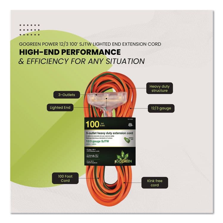 GOGREEN POWER 12 AWG 3-Outlet Heavy-Duty Extension Cord, 100 ft, 15 A, Orange (GGPGG15200) thumbnail 4