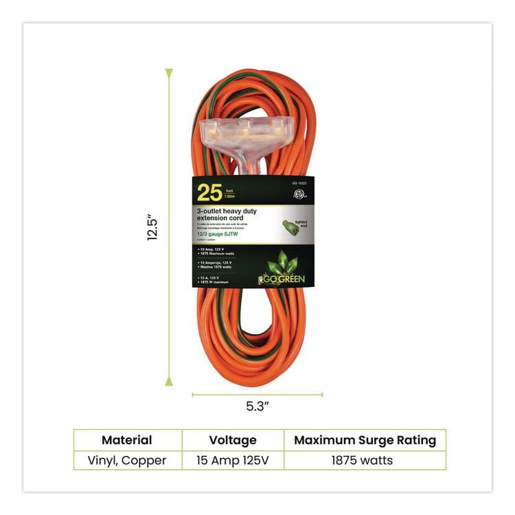 GOGREEN POWER 12 AWG 3-Outlet Heavy-Duty Extension Cord, 25 ft, 15 A, Orange (GGPGG15225) thumbnail 2