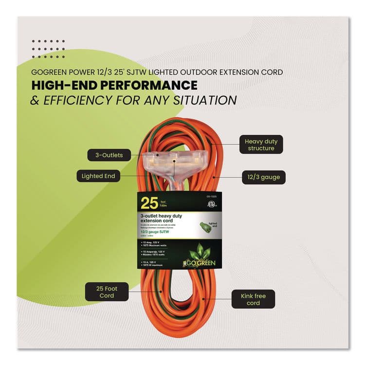GOGREEN POWER 12 AWG 3-Outlet Heavy-Duty Extension Cord, 25 ft, 15 A, Orange (GGPGG15225) thumbnail 4