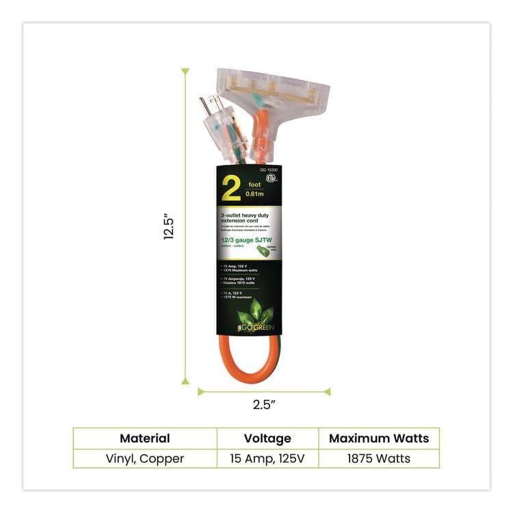 GOGREEN POWER 12 AWG 3-Outlet Heavy-Duty Extension Cord, 2 ft, 15 A, Orange (GGPGG15302) thumbnail 2