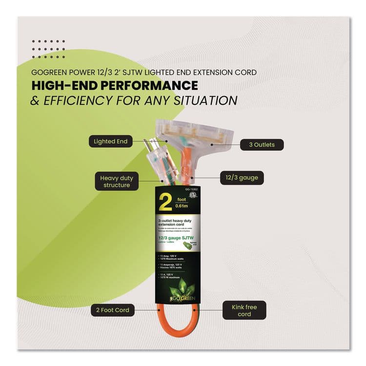 GOGREEN POWER 12 AWG 3-Outlet Heavy-Duty Extension Cord, 2 ft, 15 A, Orange (GGPGG15302) thumbnail 4