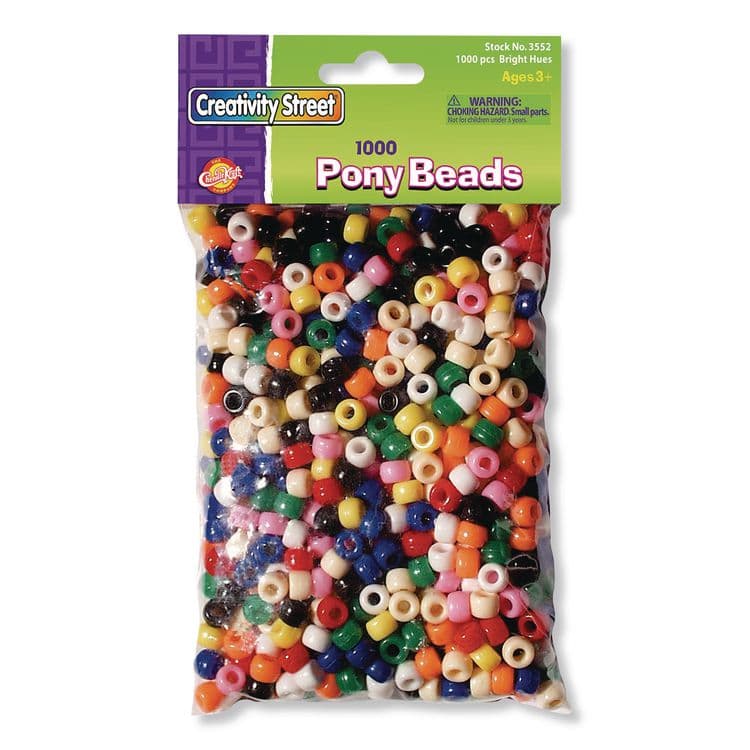 PACON CORPORATION Pony Beads, Plastic, 0.24" x 0.35", Assorted Bright Hues, 1,000/Pack (CKCPAC3552R)