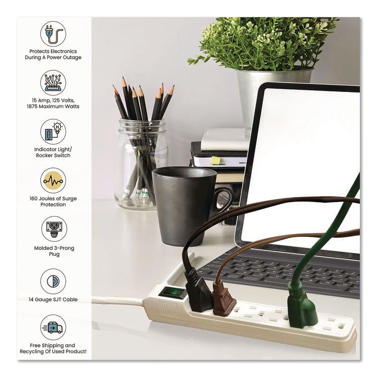 GOGREEN POWER 6 Outlet Mini Surge Protector, 2 ft Cord, 160 J, White (GGPGG16103MIN) thumbnail 3