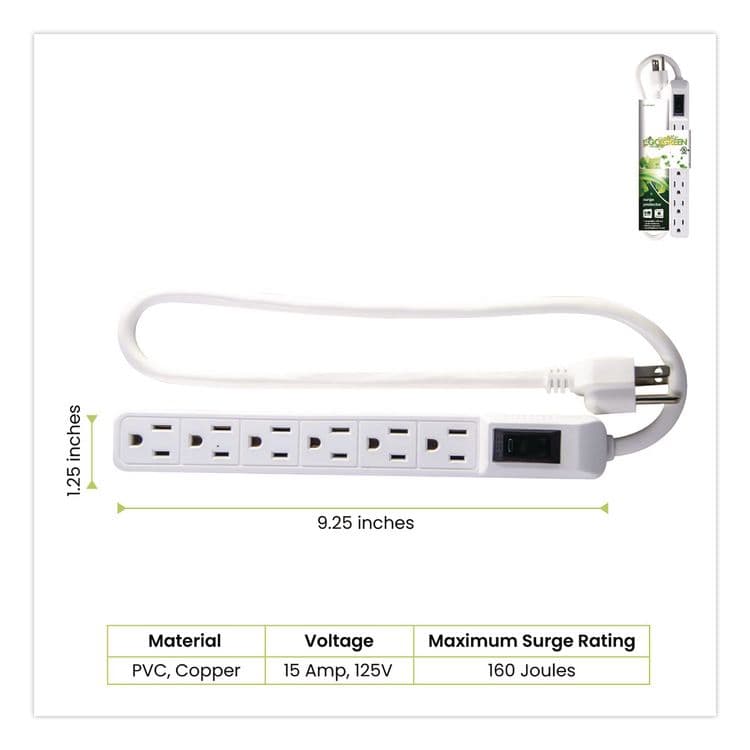 GOGREEN POWER 6 Outlet Mini Surge Protector, 2 ft Cord, 160 J, White (GGPGG16103MIN) thumbnail 4