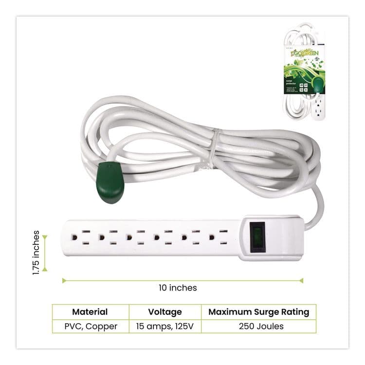 GOGREEN POWER 6 Outlet Surge Protector, 12 ft Cord, 250 J, White (GGPGG16103M12) thumbnail 3