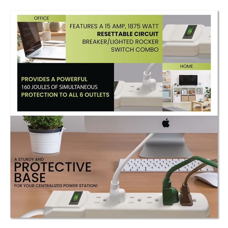 GOGREEN POWER 6 Outlet Surge Protector, 2.5 ft Cord, 160 J, White (GGPGG16103MS) thumbnail 3