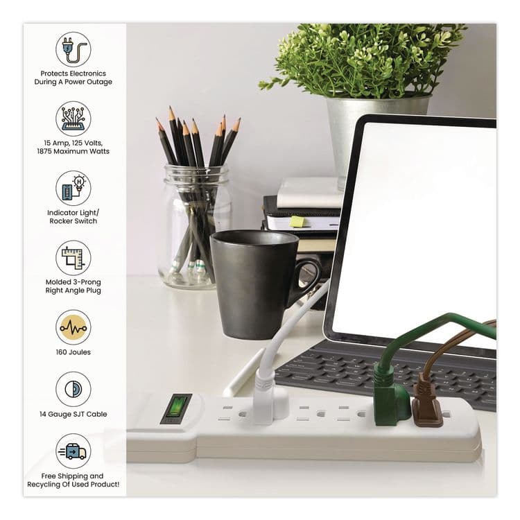 GOGREEN POWER 6 Outlet Surge Protector, 2.5 ft Cord, 160 J, White (GGPGG16103MS) thumbnail 4