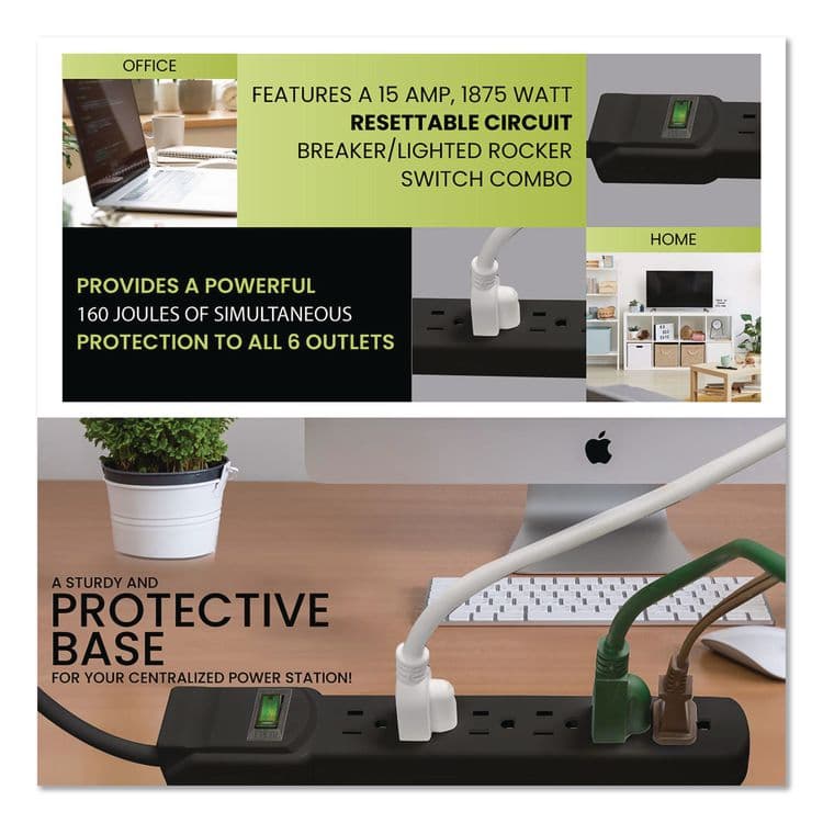 GOGREEN POWER 6 Outlet Surge Protector, 2.5 ft Cord, 160 J, Black (GGPGG16103MSBK) thumbnail 2