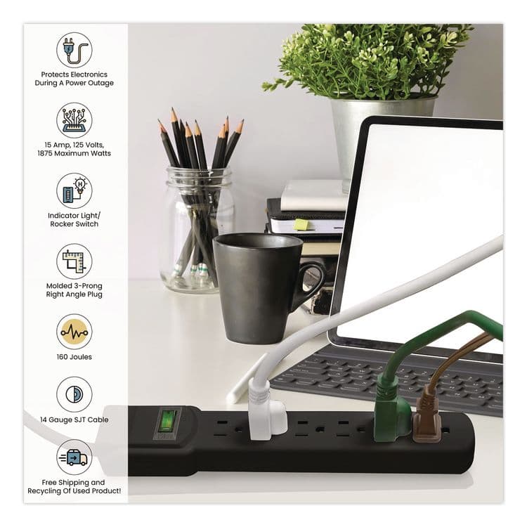GOGREEN POWER 6 Outlet Surge Protector, 2.5 ft Cord, 160 J, Black (GGPGG16103MSBK) thumbnail 3