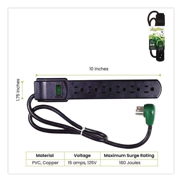 GOGREEN POWER 6 Outlet Surge Protector, 2.5 ft Cord, 160 J, Black (GGPGG16103MSBK) thumbnail 4