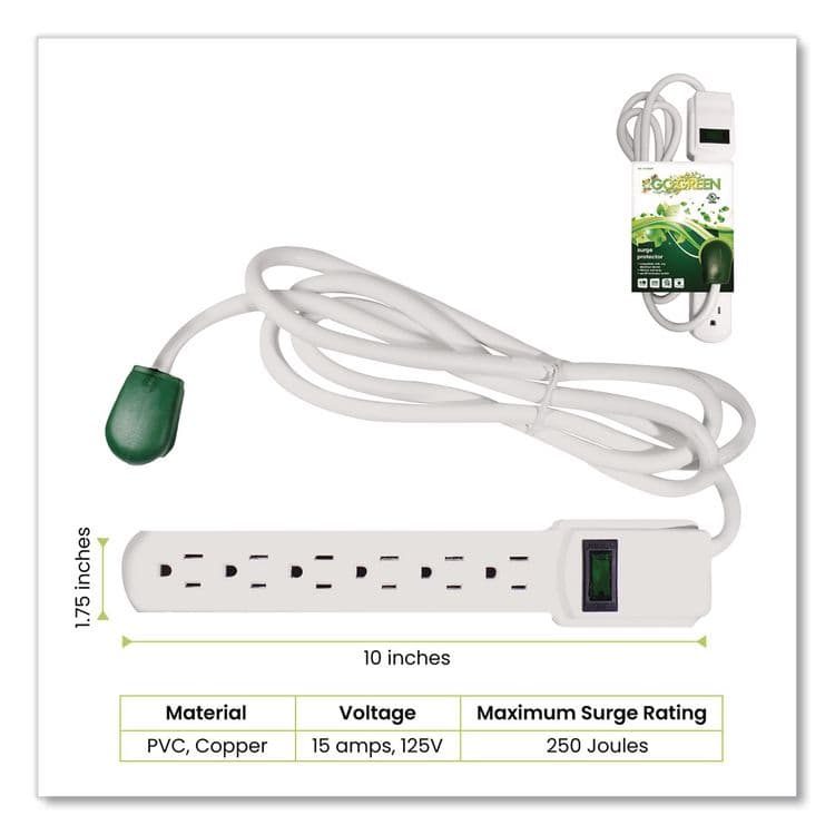 GOGREEN POWER 6 Outlet Surge Protector, 6 ft Cord, 250 J, White (GGPGG16106MS) thumbnail 2