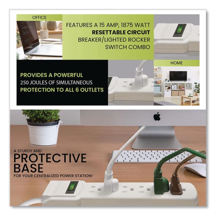 GOGREEN POWER 6 Outlet Surge Protector, 6 ft Cord, 250 J, White (GGPGG16106MS) thumbnail 3