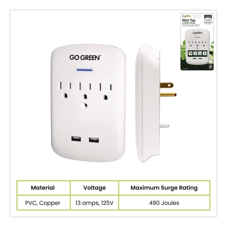 GOGREEN POWER 3 Outlet 2 USB Wall Tap, 735 J, White (GGPGG13000USB2) thumbnail 2